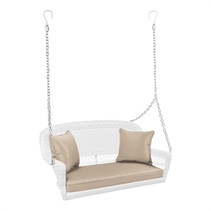 Pemberly Row Resin Wicker Porch Swing with Cushion in White and Tan