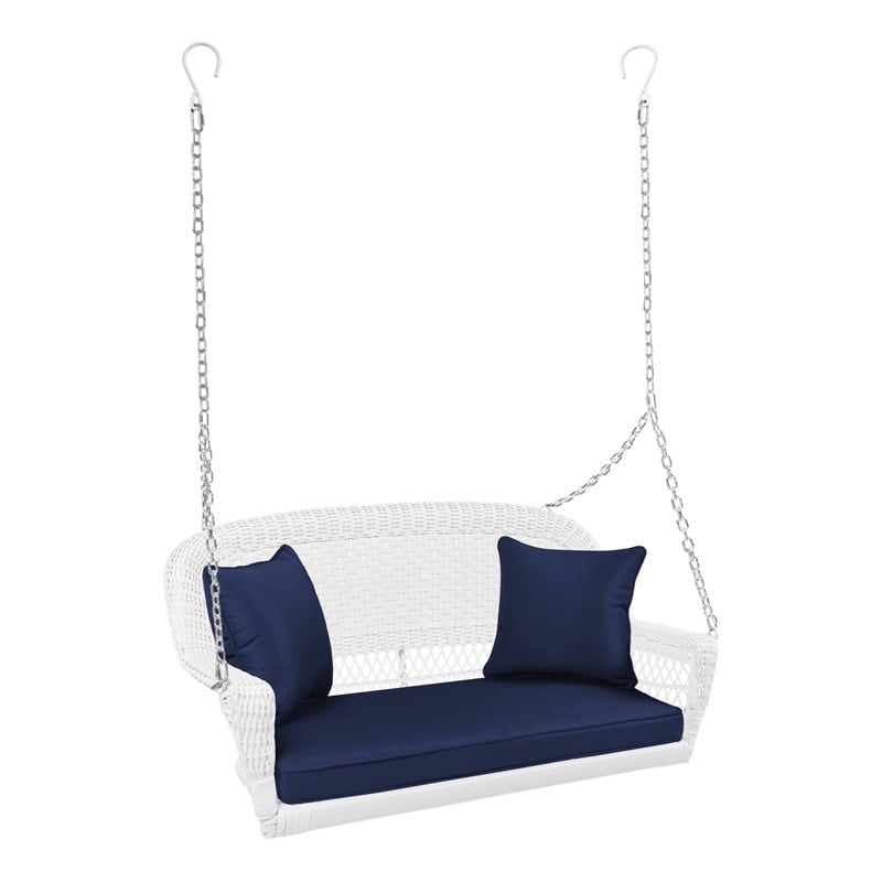 Pemberly Row Modern Wicker Porch Swing in White with Blue Cushion