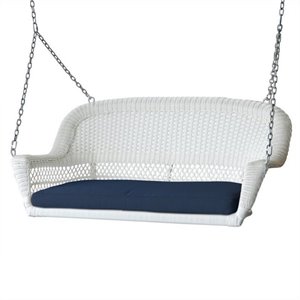 Pemberly Row Modern Wicker Porch Swing in White with Blue Cushion