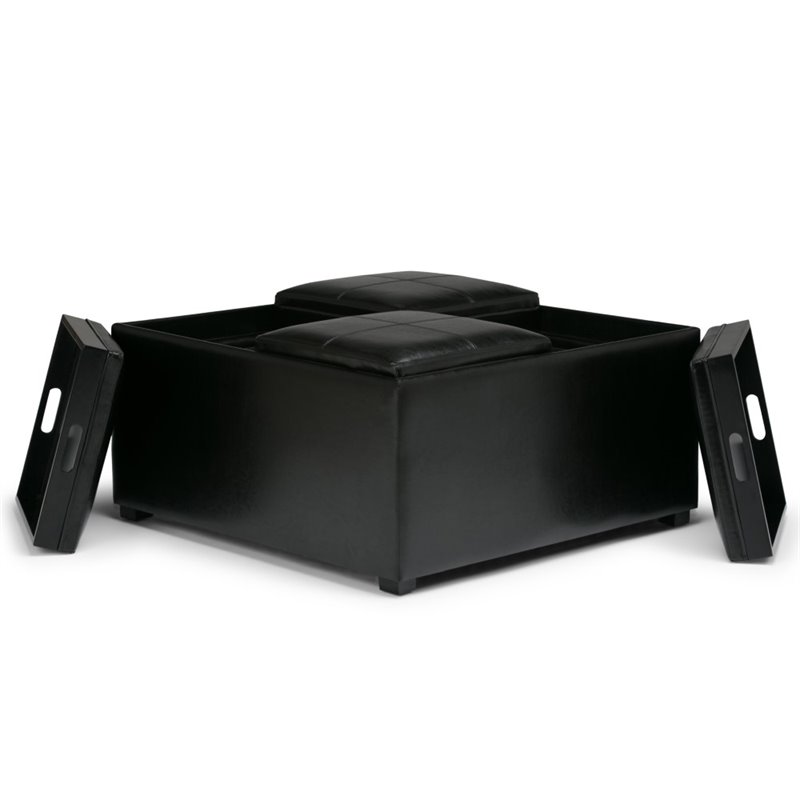 Pemberly Row Faux Leather Coffee Table Storage Ottoman in Midnight Black