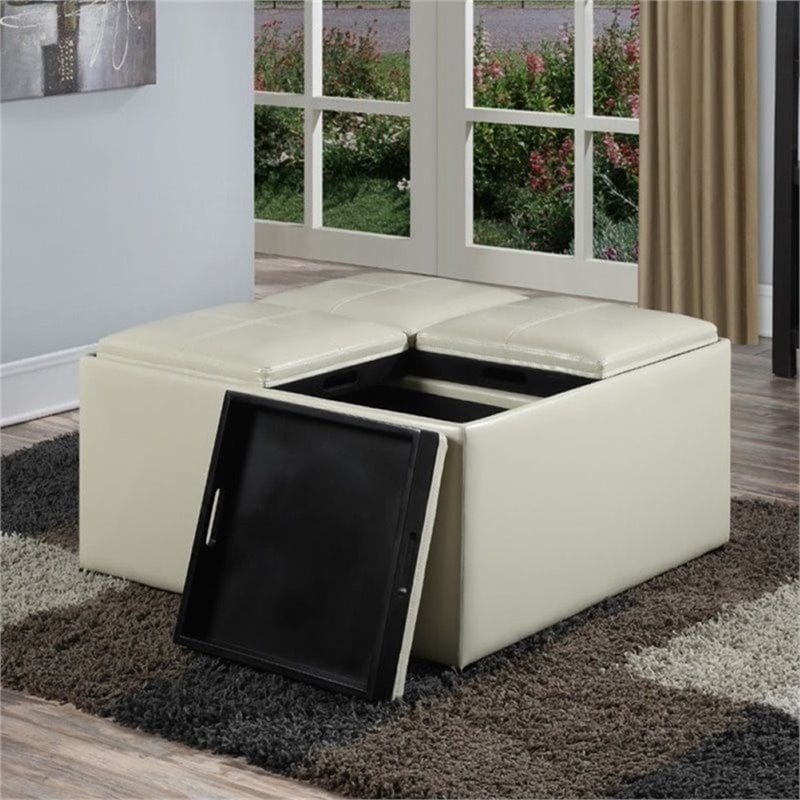 Pemberly Row Faux Leather Coffee Table Storage Ottoman in Cream