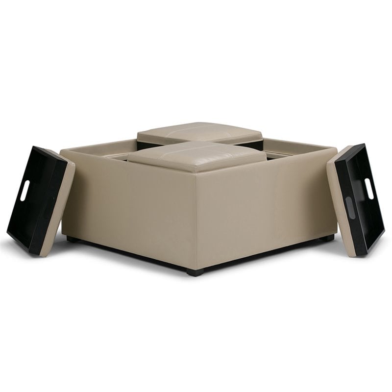 Pemberly Row Faux Leather Coffee Table Storage Ottoman in Cream