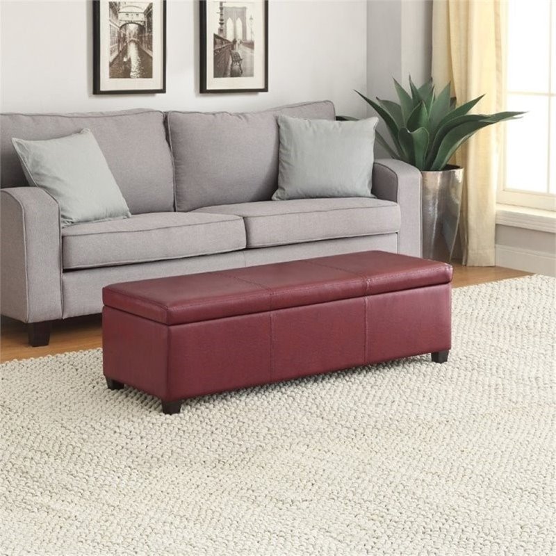 Pemberly Row Contemporary Faux Leather Storage Bench in Red Finish