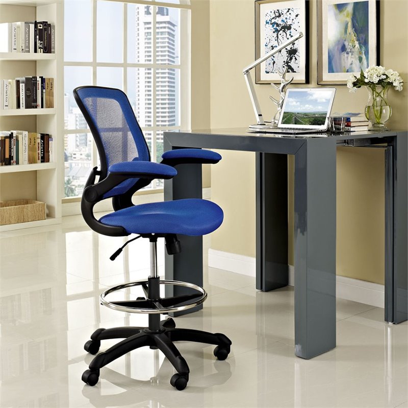 Pemberly Row Modern Mesh Fabric & Metal Drafting Chair in Blue