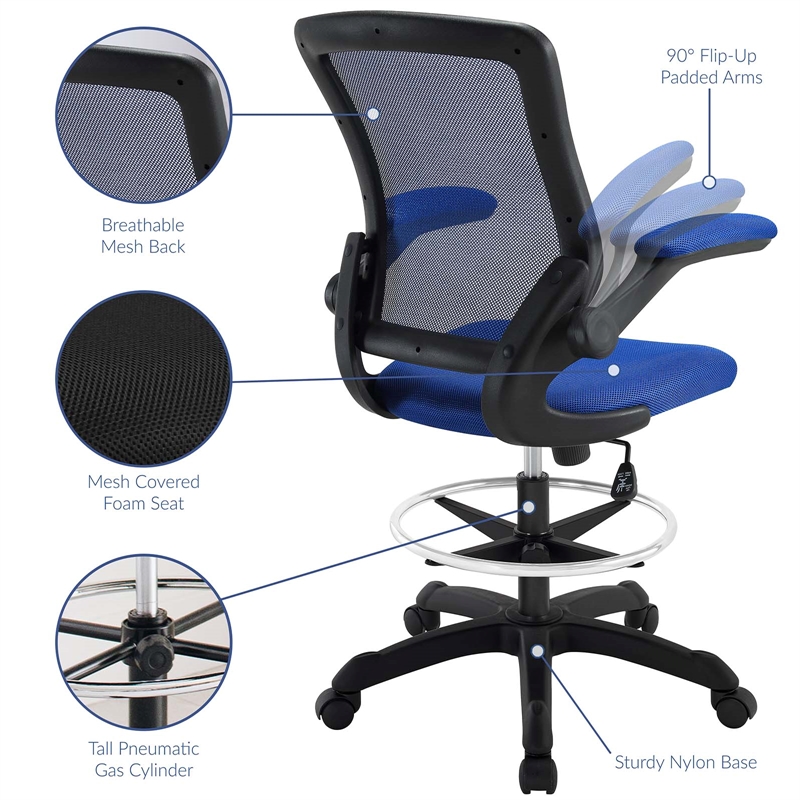 Pemberly Row Modern Mesh Fabric & Metal Drafting Chair in Blue