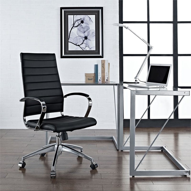 Pemberly Row Modern Style Vinyl and Aluminum Highback Office Chair in Black