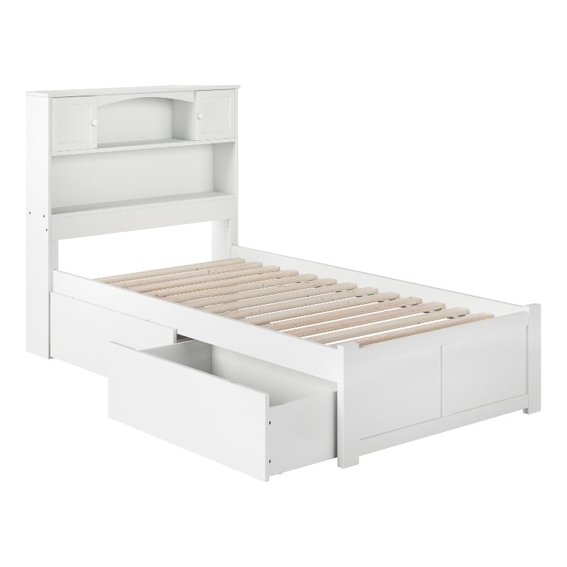 Pemberly Row Twin XL Solid Wood Bed with Storage Drawers in White