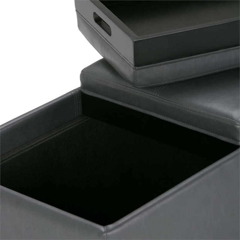 Pemberly Row Contemporary 3 Faux Leather Tray Bench in Stone Gray