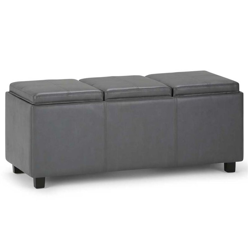 Pemberly Row Contemporary 3 Faux Leather Tray Bench in Stone Gray