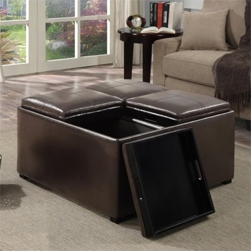Pemberly Row Modern Square Faux Leather Ottoman in Chocolate Brown