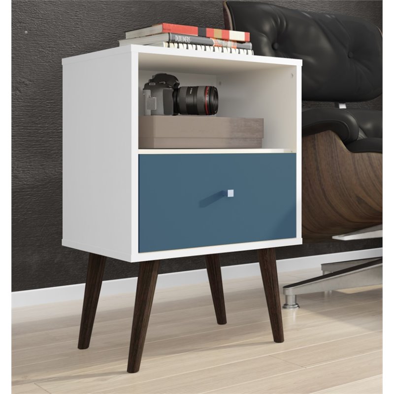 Pemberly Row 1-Drawer Solid Wood End Table in White / Aqua Blue