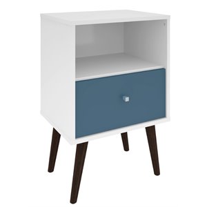 Pemberly Row 1-Drawer Solid Wood End Table in White / Aqua Blue