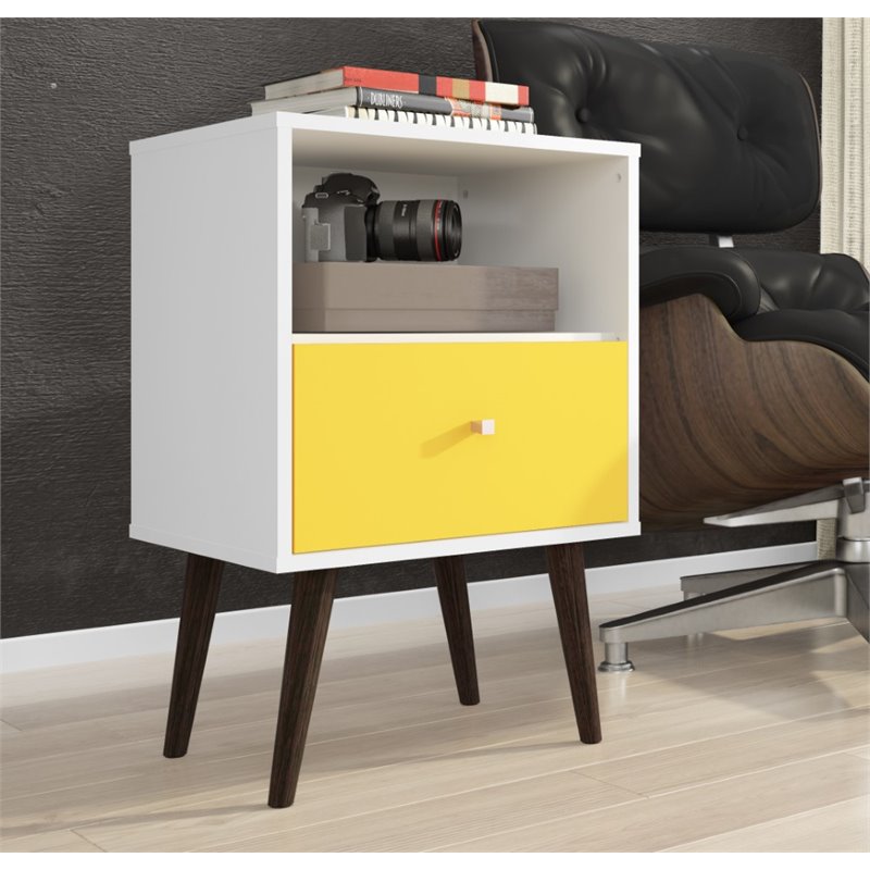 Pemberly Row 1-Drawer Solid Wood End Table in White / Yellow