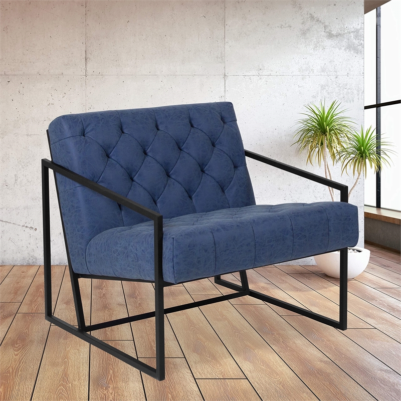 Pemberly Row Upholstered Leather Tufted Accent Chair in Blue