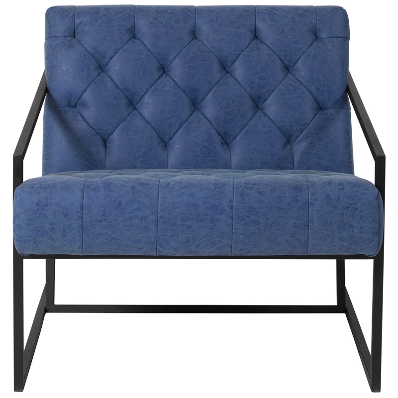 Pemberly Row Upholstered Leather Tufted Accent Chair in Blue