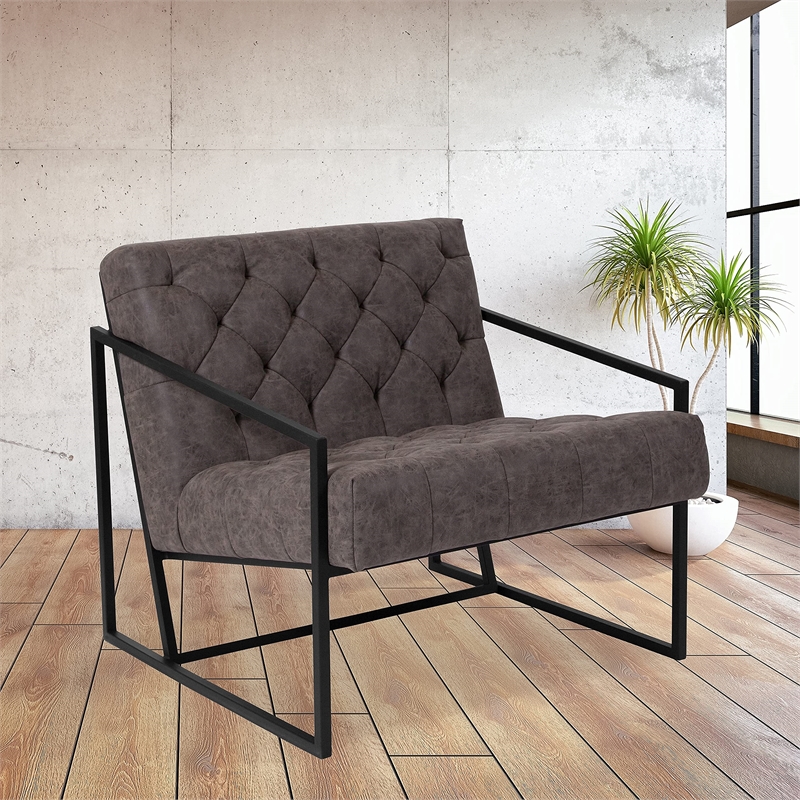 Pemberly Row Upholstered Leather Tufted Accent Chair in Gray