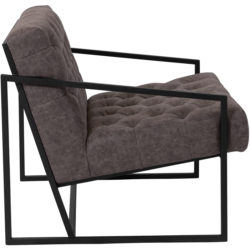 Pemberly Row Upholstered Leather Tufted Accent Chair in Gray