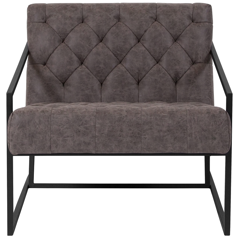 Pemberly Row Upholstered Leather Tufted Accent Chair in Gray
