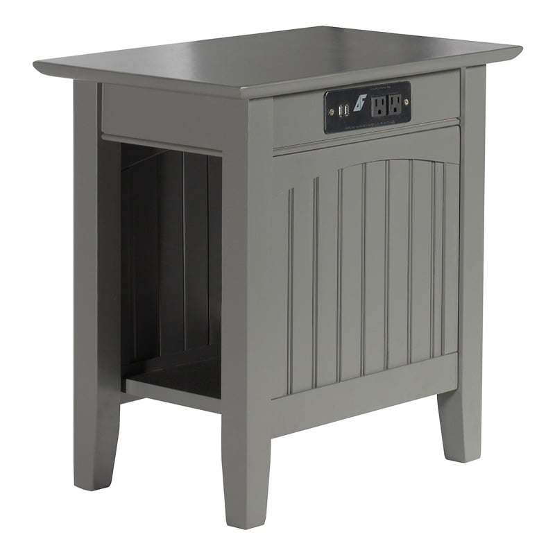Pemberly Row Solid Wood Chair Side Table with Device Charger in Gray