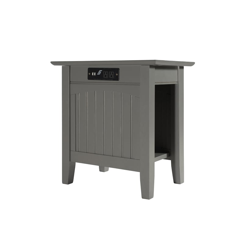 Pemberly Row Solid Wood Chair Side Table with Device Charger in Gray