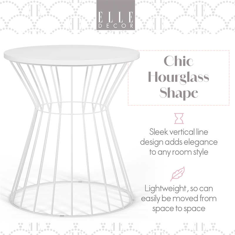 Pemberly Row Modern Hourglass End Table with Metal Top for Bedroom White