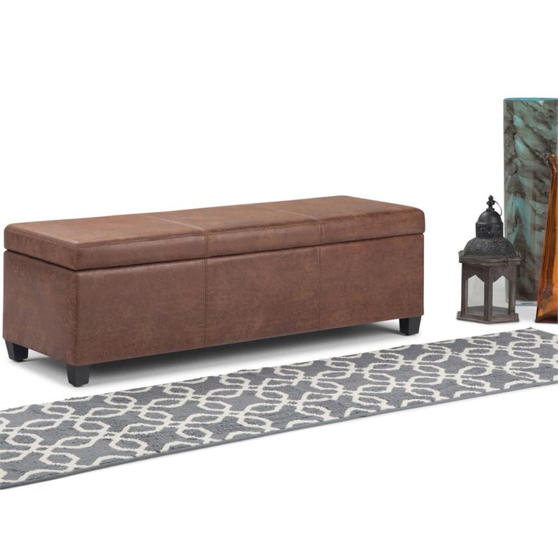 Pemberly Row Faux Leather Storage Ottoman Bench in Distressed Umber Brown