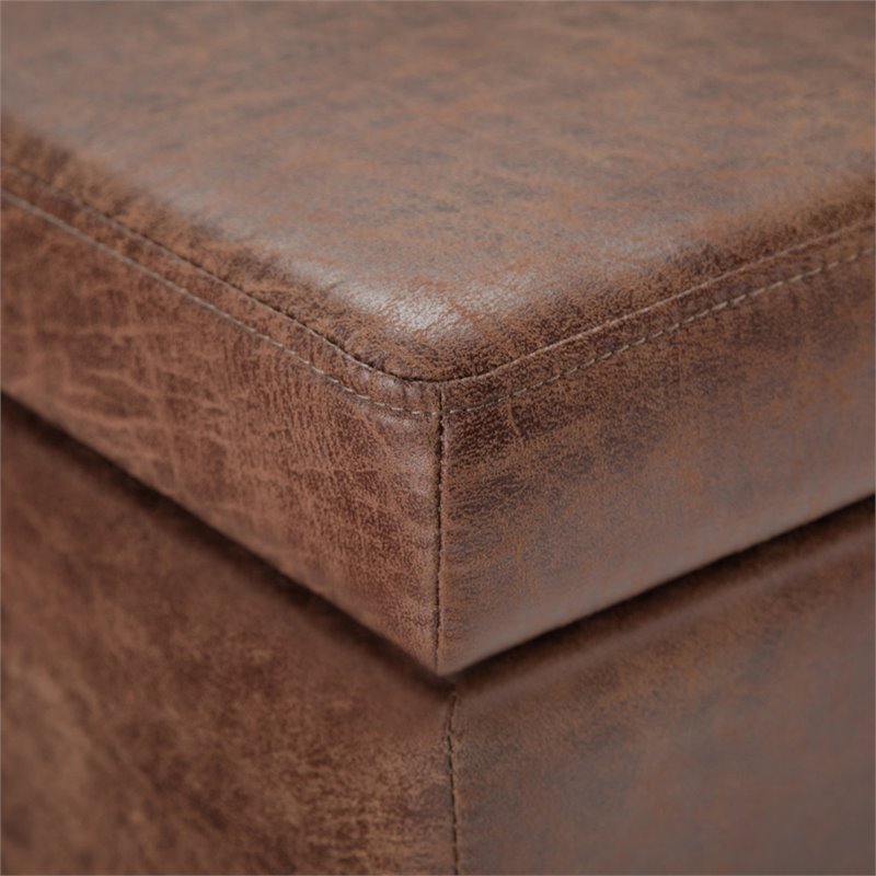 Pemberly Row Faux Leather Storage Ottoman Bench in Distressed Umber Brown