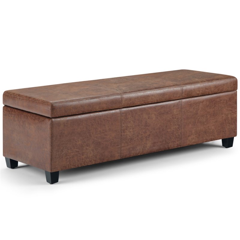 Pemberly Row Faux Leather Storage Ottoman Bench in Distressed Umber Brown