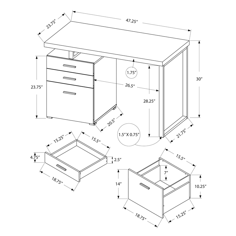 Pemberly Row Computer Desk Home Office Laptop Storage Drawers 48