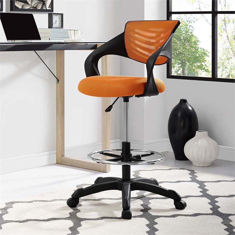 Pemberly Row Ergonomic Adjustable Swivel Mesh Fabric Drafting Chair in Orange