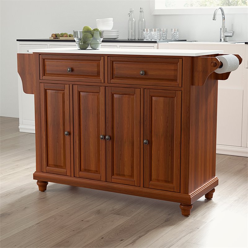 Pemberly Row Modern Wood Granite Top Kitchen Island in Cherry