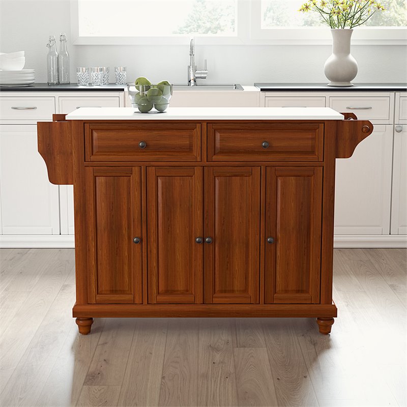Pemberly Row Modern Wood Granite Top Kitchen Island in Cherry