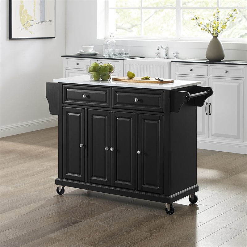 Pemberly Row Modern Wood Granite Top Kitchen Cart in Black / White
