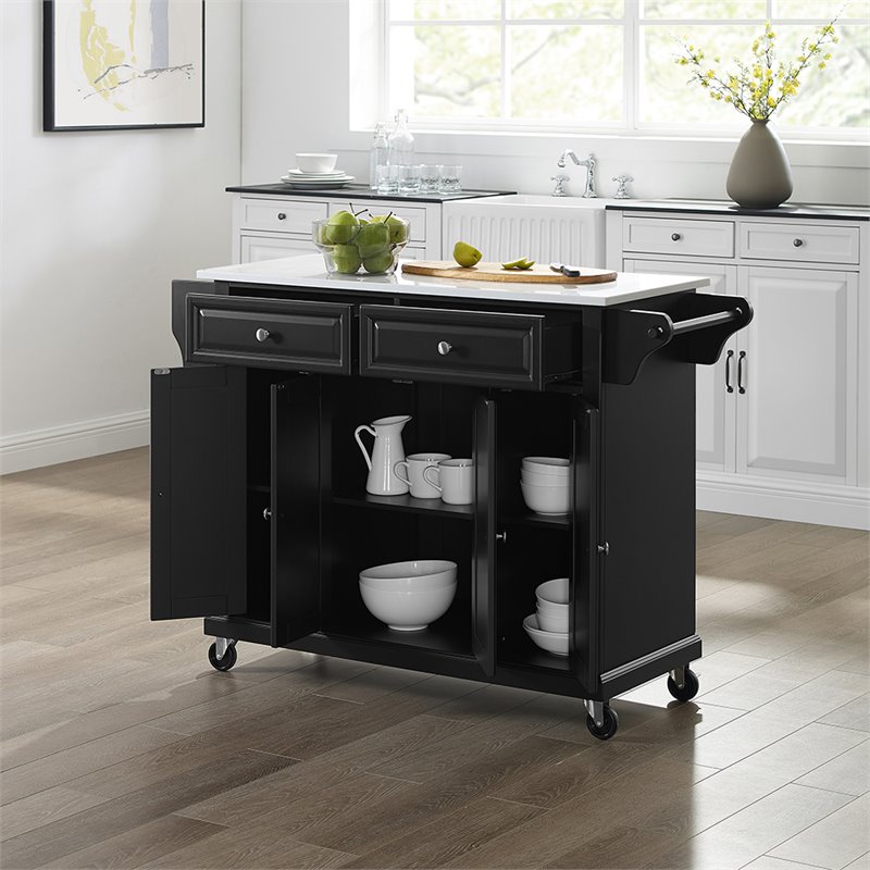 Pemberly Row Modern Wood Granite Top Kitchen Cart in Black / White