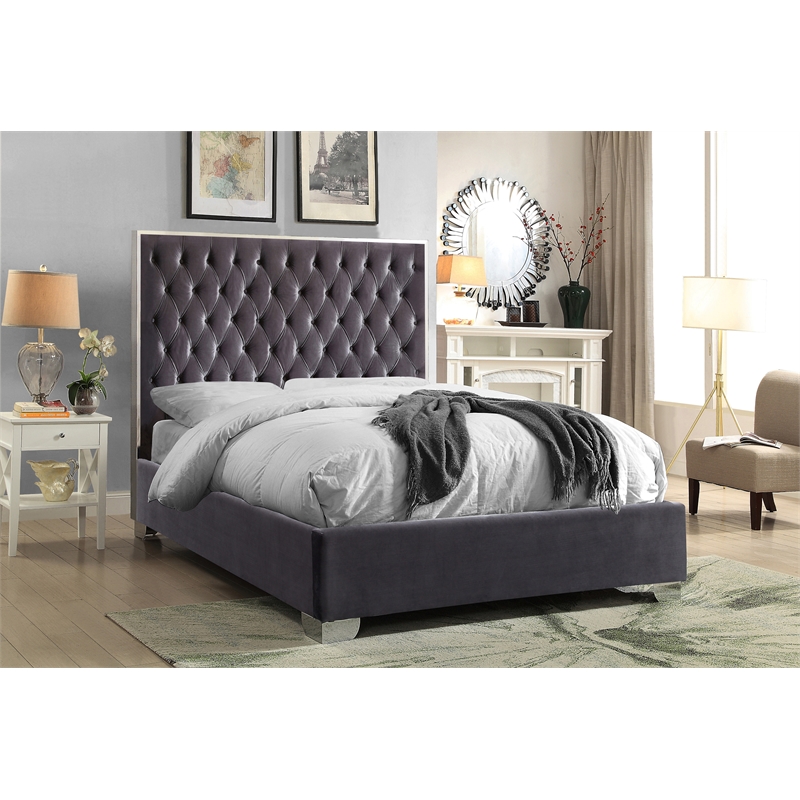 Pemberly Row Contemporary Solid Wood and Velvet King Bed in Gray
