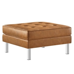 Pemberly Row Tufted Upholstered Faux Leather Ottoman in Silver and Tan