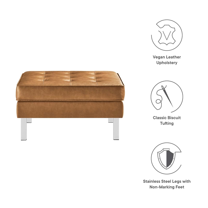 Pemberly Row Tufted Upholstered Faux Leather Ottoman in Silver and Tan