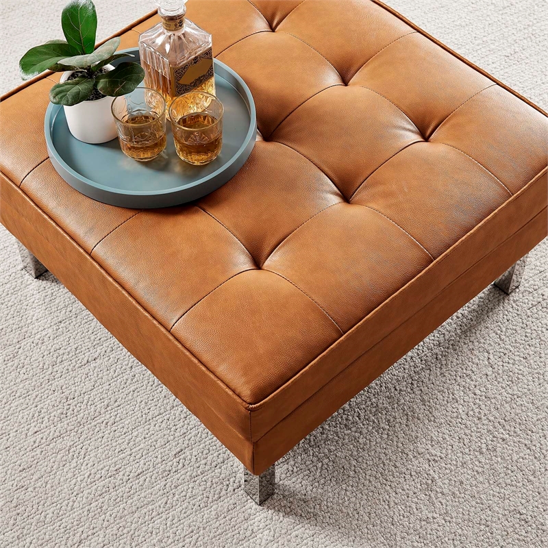Pemberly Row Tufted Upholstered Faux Leather Ottoman in Silver and Tan