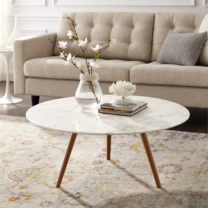 Pemberly Row Artificial Marble Coffee Table with Tripod Base in Walnut / White