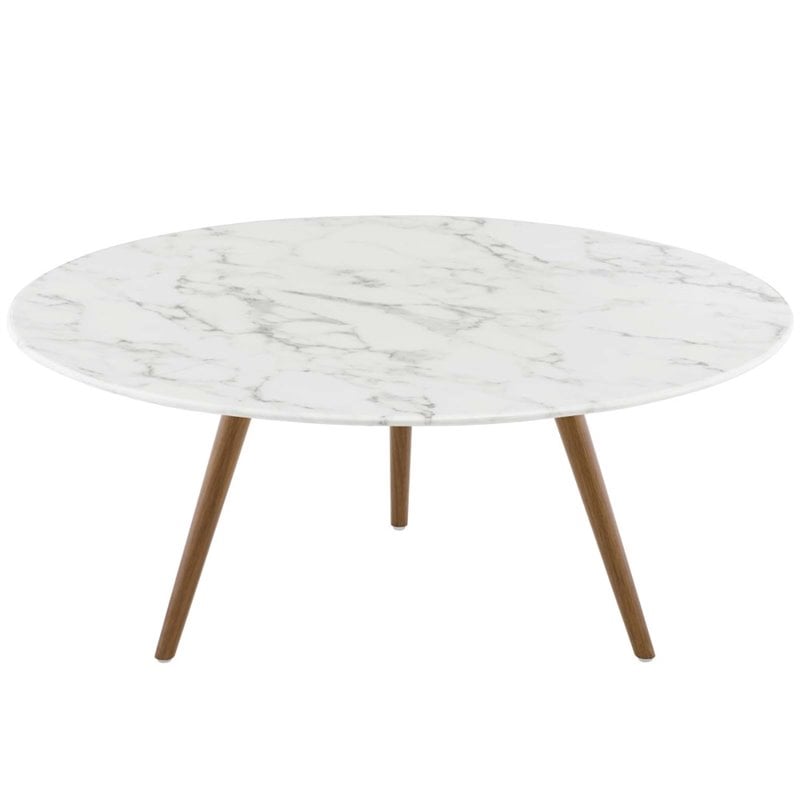 Pemberly Row Artificial Marble Coffee Table with Tripod Base in Walnut / White