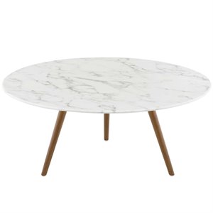 Pemberly Row Artificial Marble Coffee Table with Tripod Base in Walnut / White