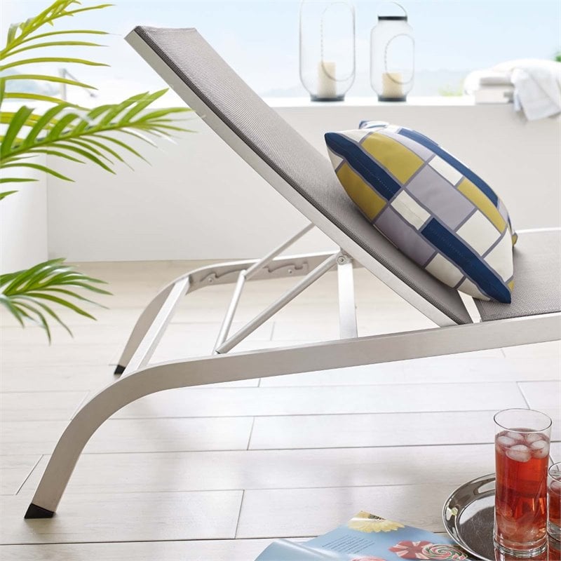 Pemberly Row Outdoor Patio Aluminum and Mesh Chaise Lounge Chair in Gray