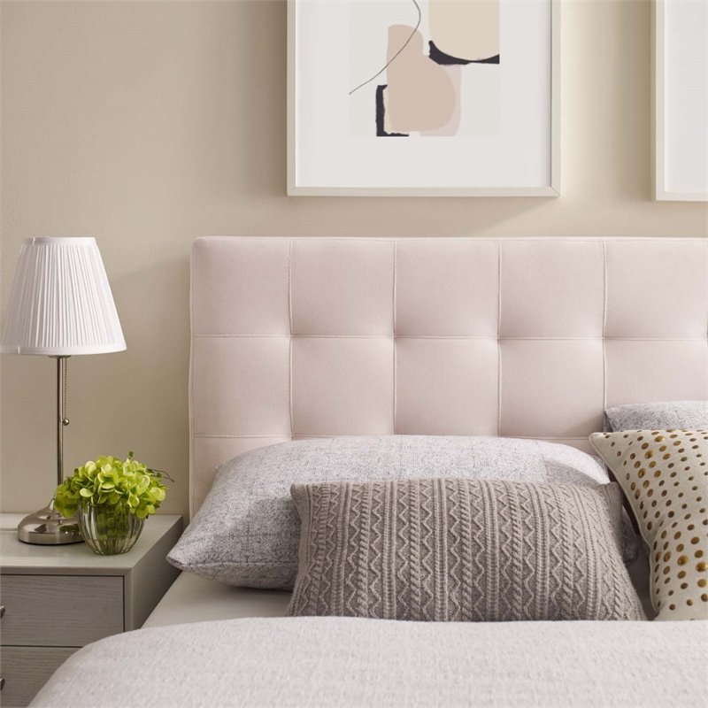 Pemberly Row Biscuit Tufted Full Performance Velvet Headboard in Pink
