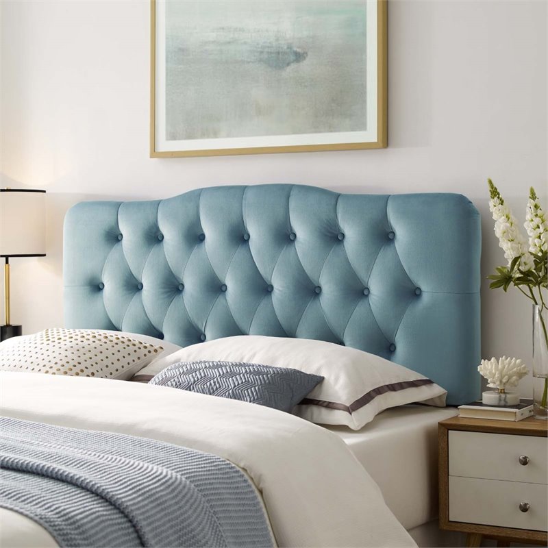 Pemberly Row Queen Diamond Tufted Performance Velvet Headboard in Light Blue