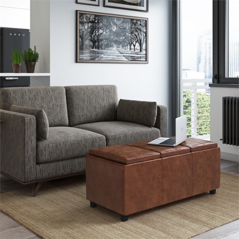 Pemberly Row Faux Air Leather Storage Ottoman in Distressed Saddle Brown
