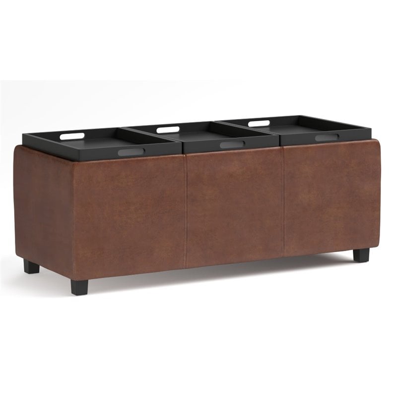 Pemberly Row Faux Air Leather Storage Ottoman in Distressed Saddle Brown