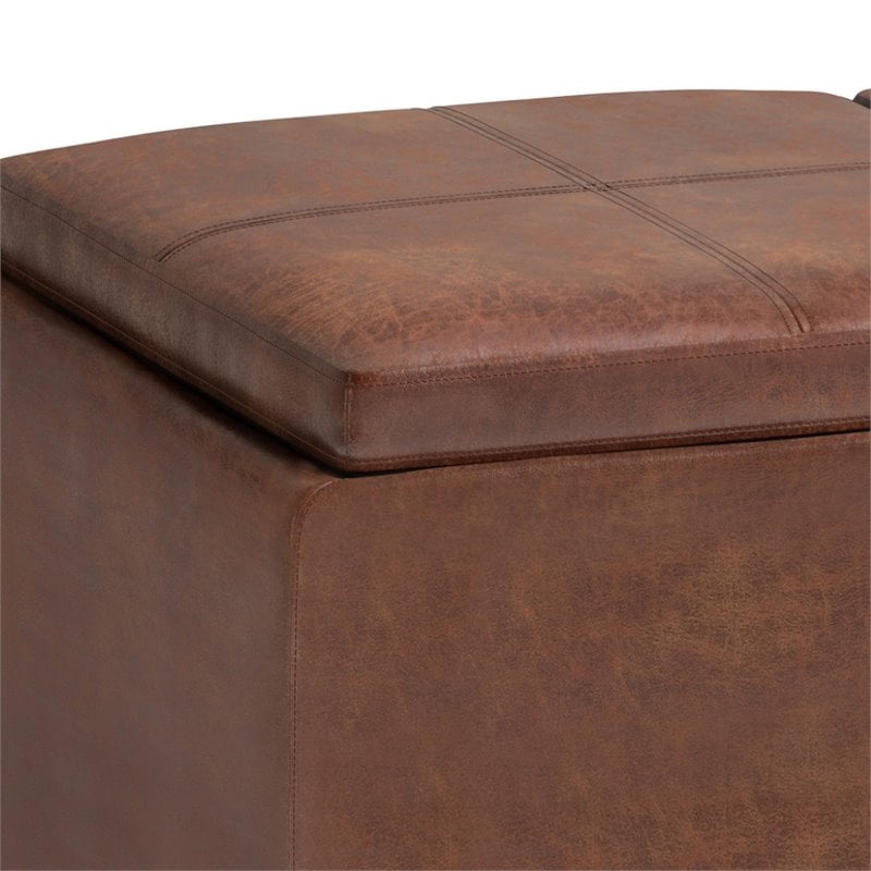 Pemberly Row Faux Air Leather Storage Ottoman in Distressed Saddle Brown