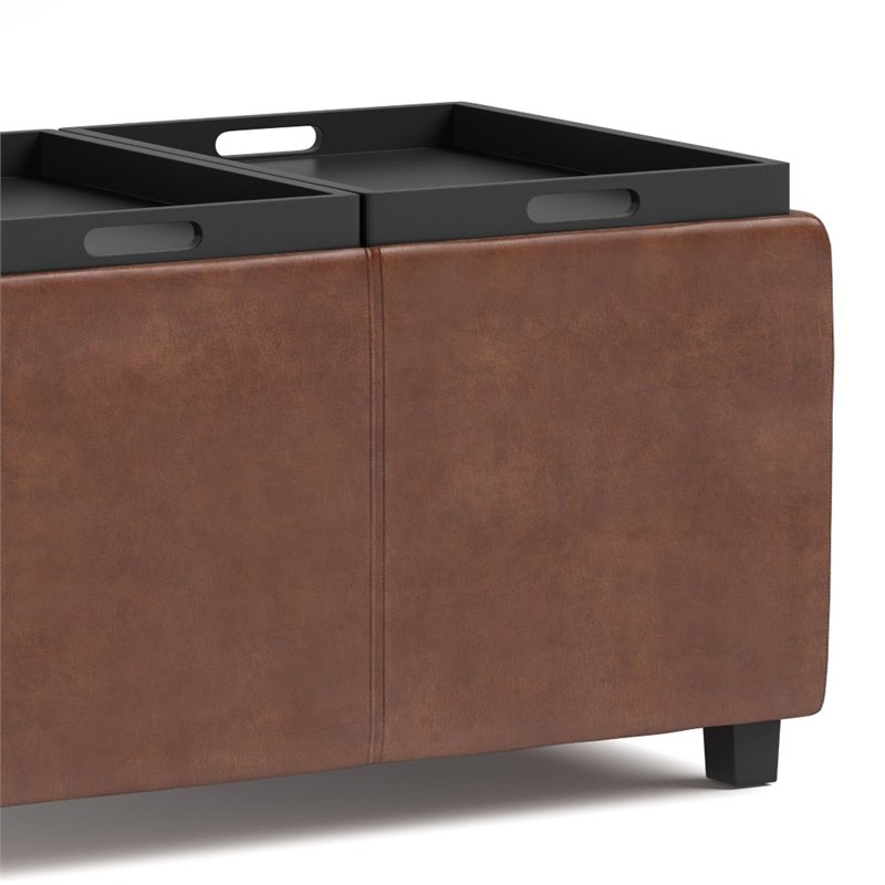 Pemberly Row Faux Air Leather Storage Ottoman in Distressed Saddle Brown