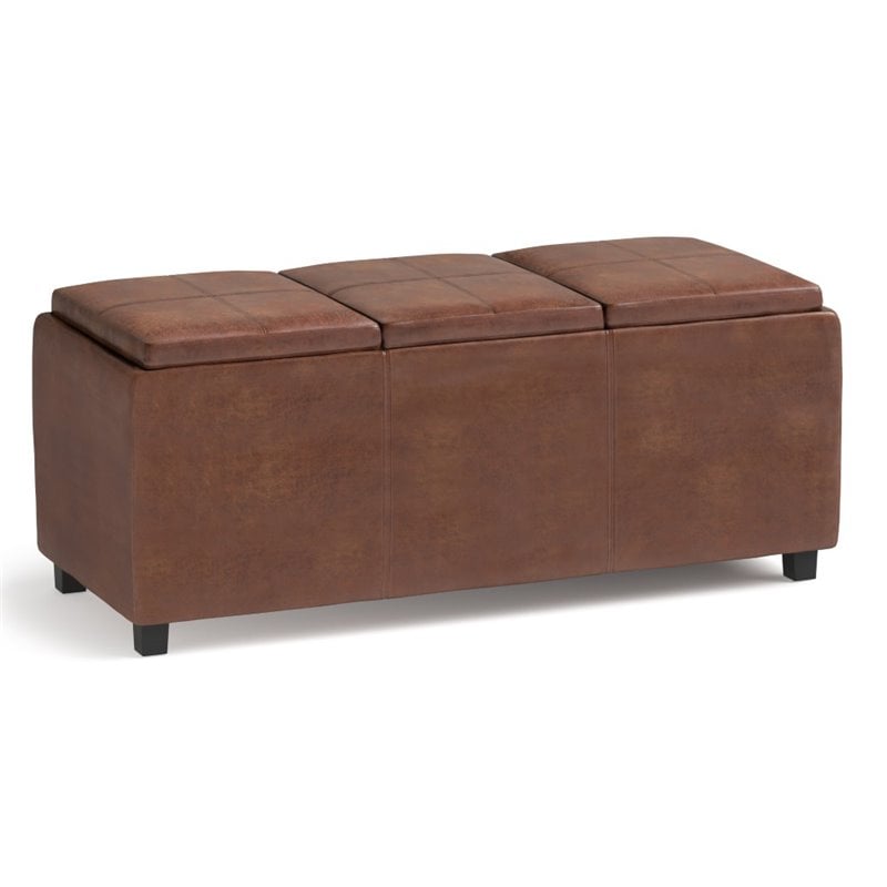 Pemberly Row Faux Air Leather Storage Ottoman in Distressed Saddle Brown