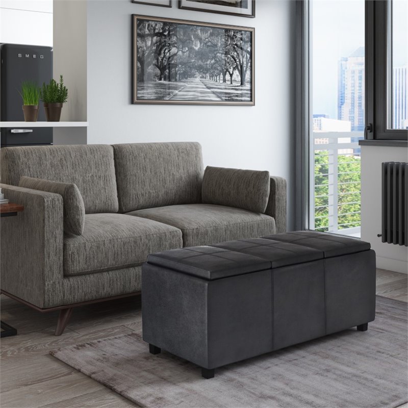 Pemberly Row Faux Air Leather Rectangular Storage Ottoman in Black